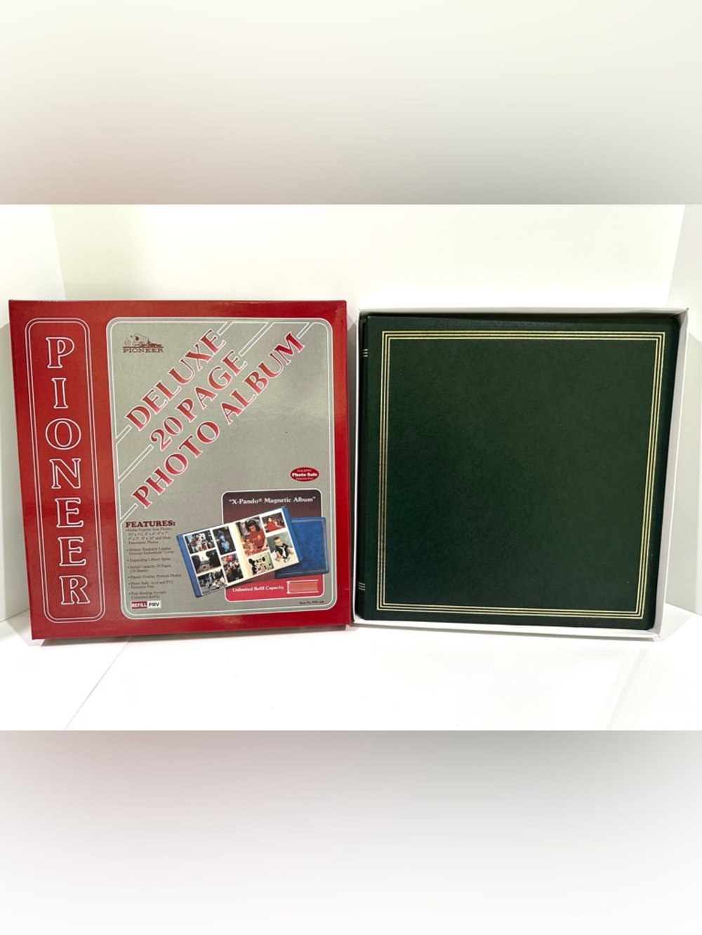 New Box Vintage Pioneer Magnetic Leather Photo Picture Album 20 pages Green Gold